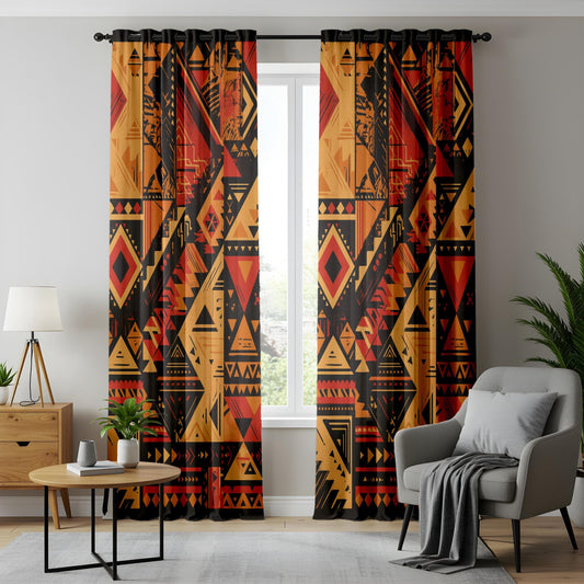 Onay Aztec-Inspired Curtains – Bold Red and Black Geometric Drapes for Boho Southwestern Interiors