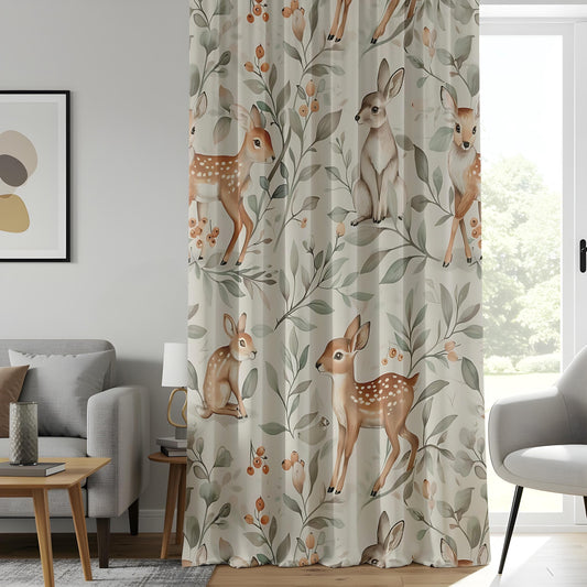 Onay Baby Room Window Curtains, Woodland Deer & Bunny Window Drapes