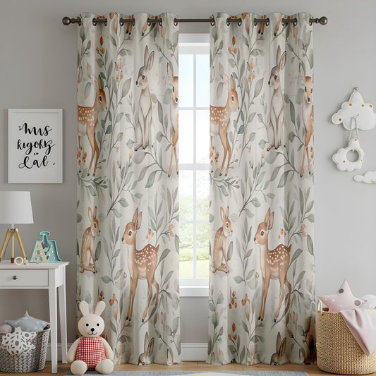 Onay Baby Room Window Curtains, Woodland Deer & Bunny Window Drapes
