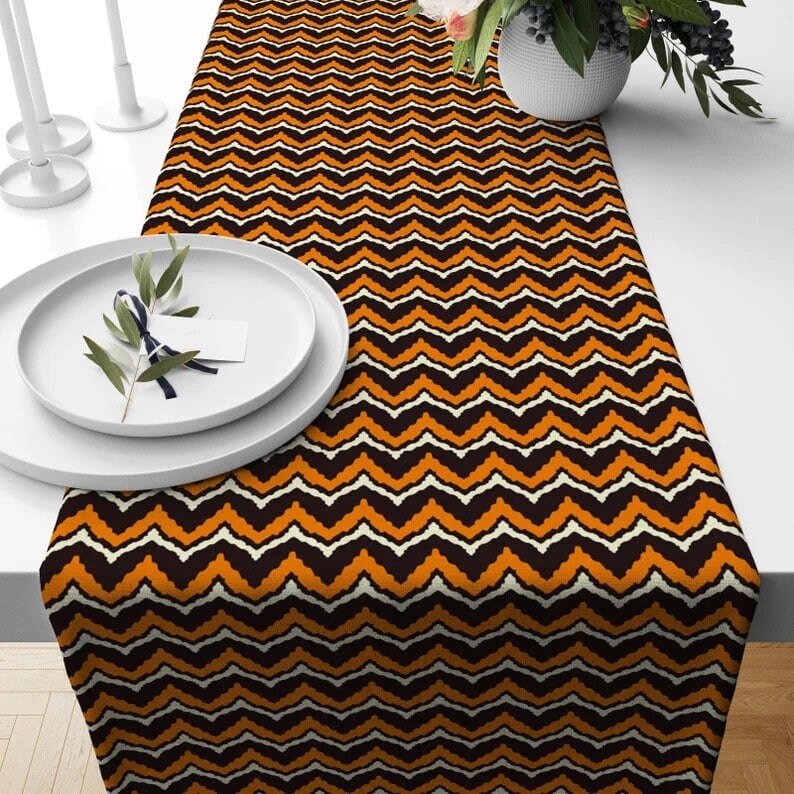 Onay 12 x 46 inch (30 x 120 cm) / 4 Black and Orange Halloween Runner Chevron Table Runner Zigzag Pattern Tablecloth