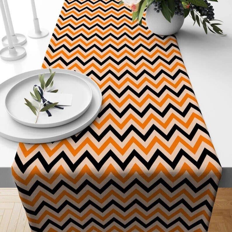 Onay 12 x 46 inch (30 x 120 cm) / 3 Black and Orange Halloween Runner Chevron Table Runner Zigzag Pattern Tablecloth