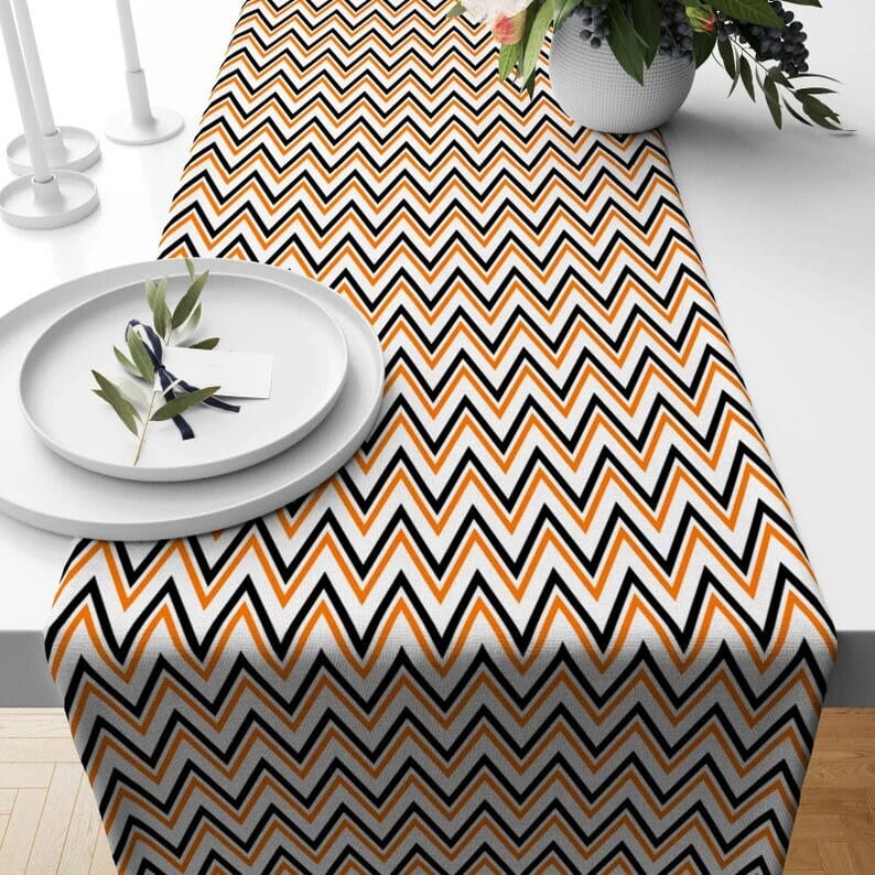 Onay 12 x 46 inch (30 x 120 cm) / 2 Black and Orange Halloween Runner Chevron Table Runner Zigzag Pattern Tablecloth