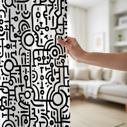 Onay Black and White Tribal Art Curtains, Hand-Drawn Abstract Line Pattern