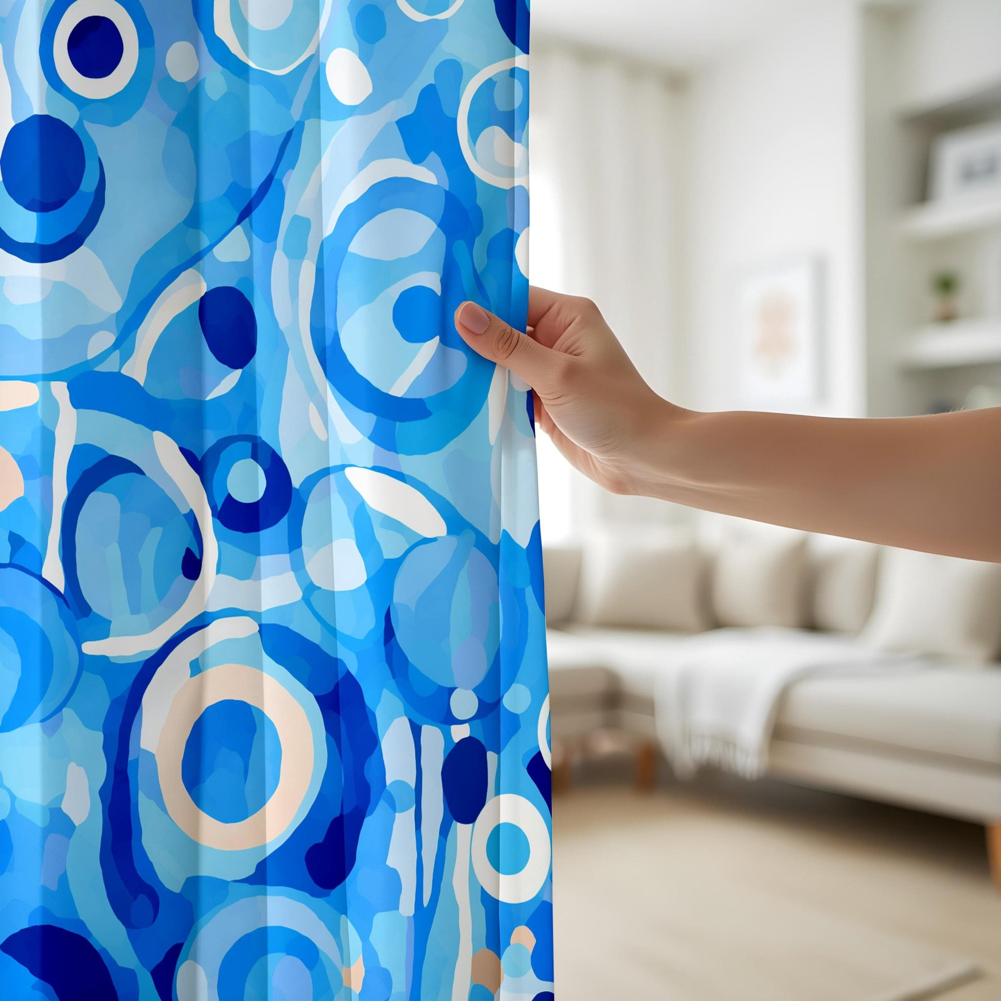 Onay Blue Abstract Living Room Curtains, Modern Circular Pattern Drapes