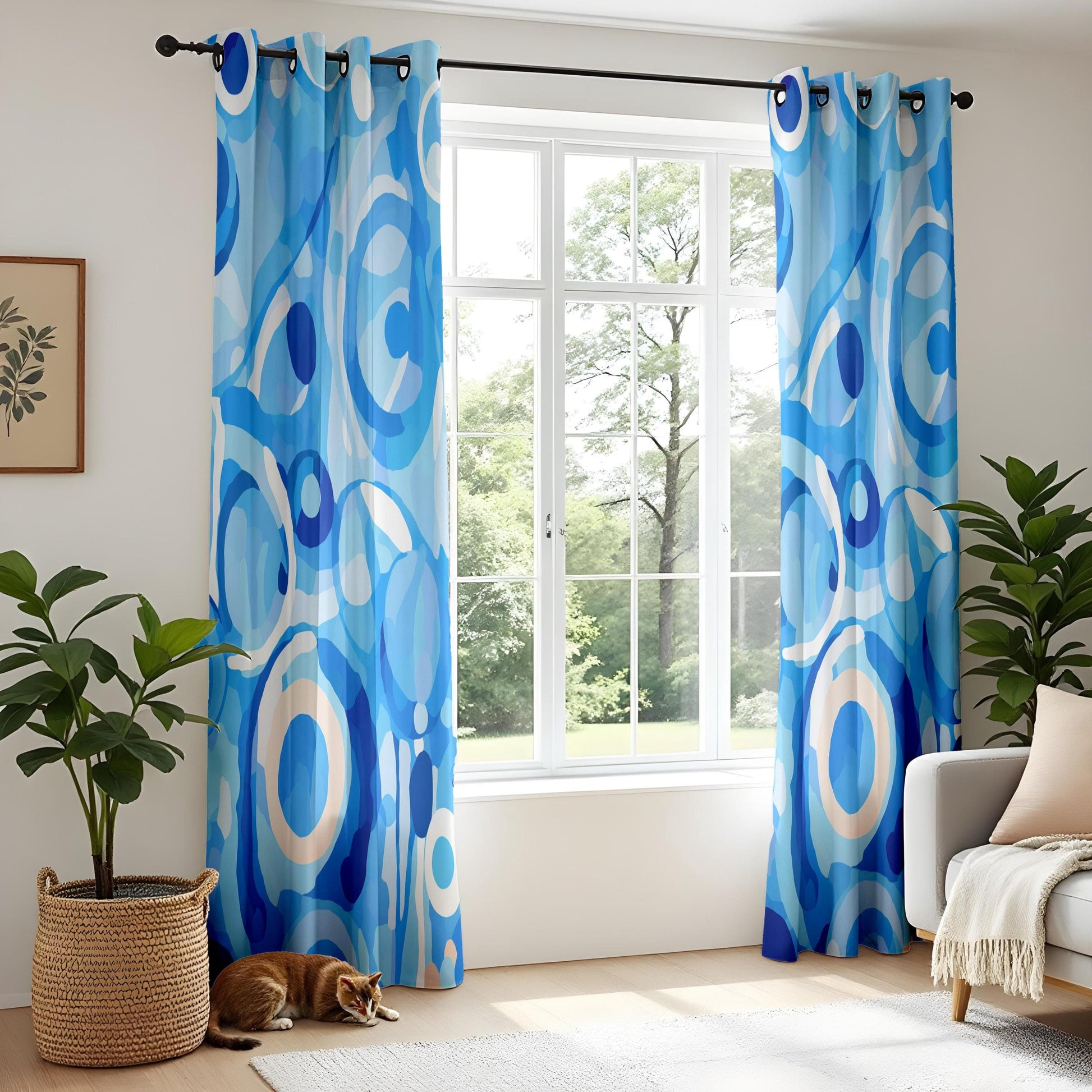 Onay Blue Abstract Living Room Curtains, Modern Circular Pattern Drapes