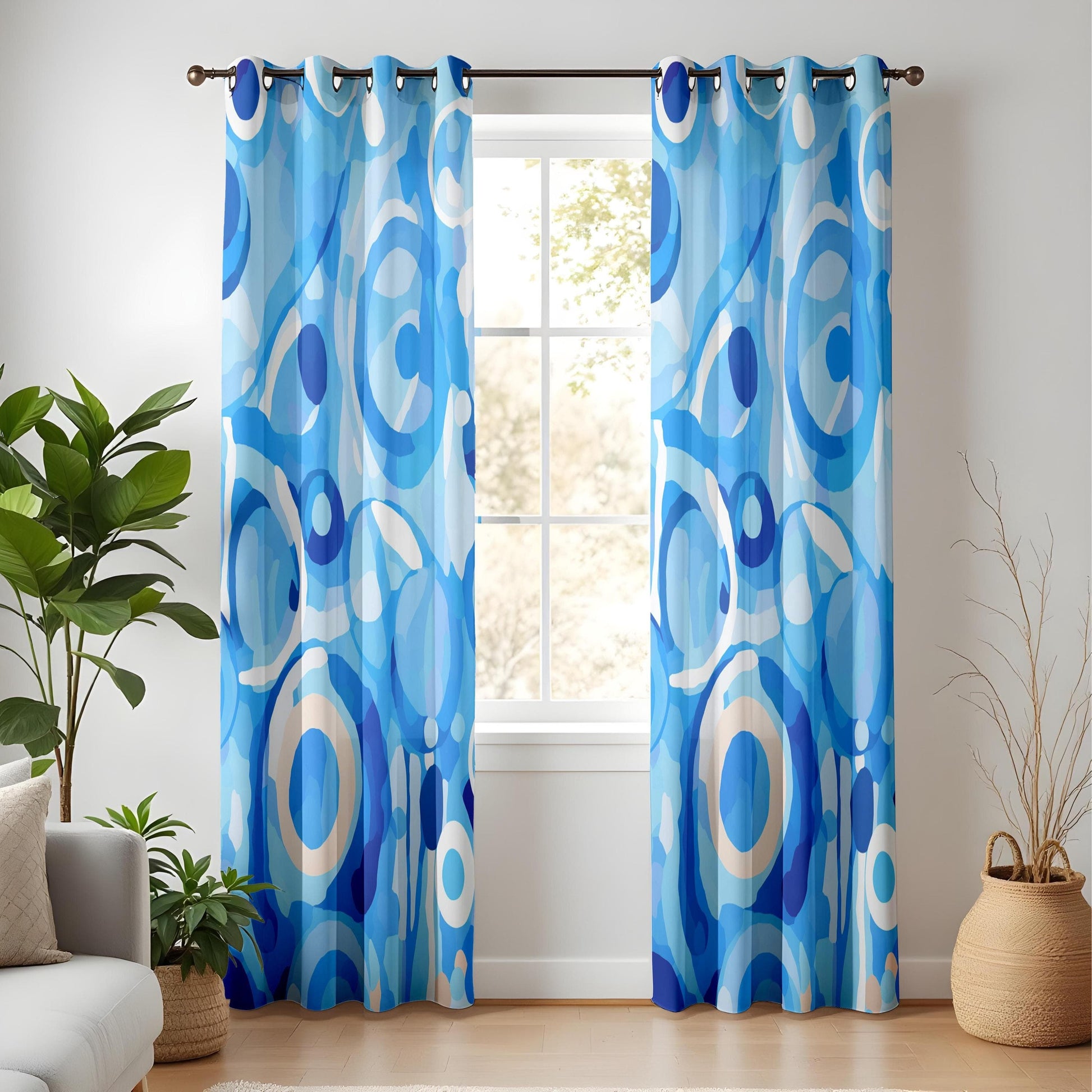 Onay Blue Abstract Living Room Curtains, Modern Circular Pattern Drapes