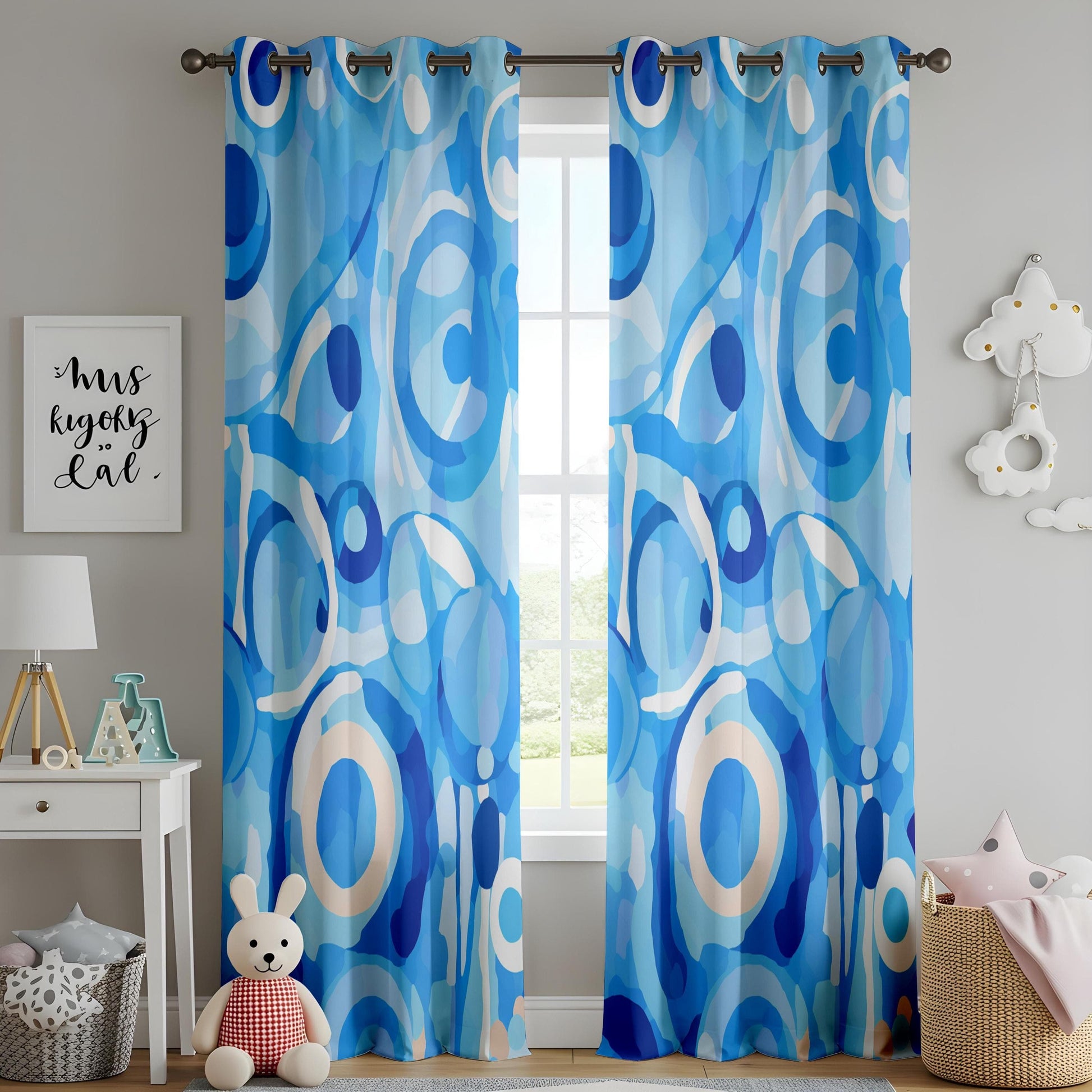 Onay Blue Abstract Living Room Curtains, Modern Circular Pattern Drapes