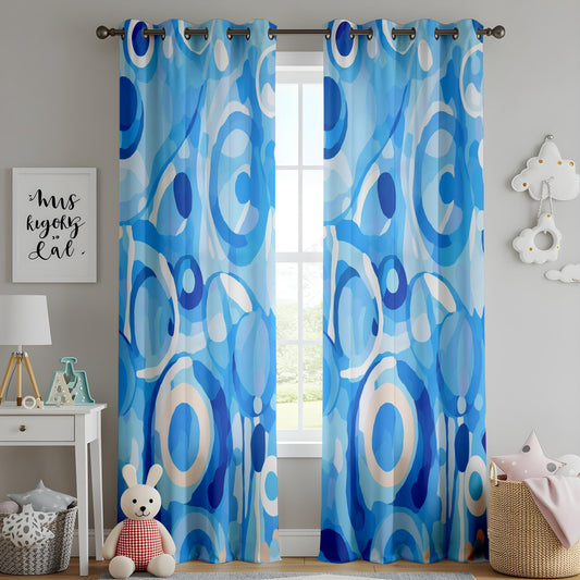Onay Blue Abstract Living Room Curtains, Modern Circular Pattern Drapes