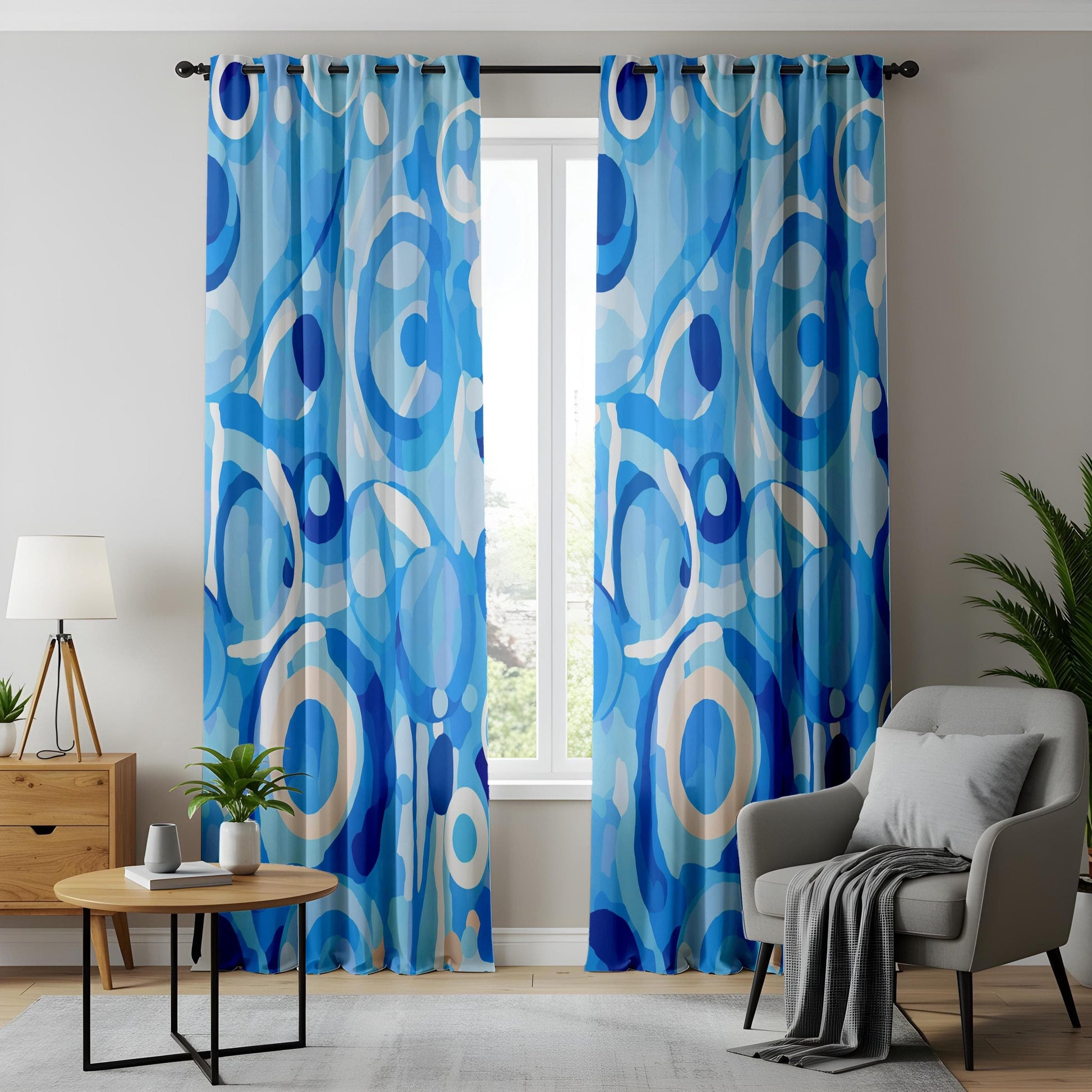 Onay Blue Abstract Living Room Curtains, Modern Circular Pattern Drapes