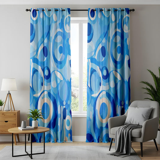 Onay Blue Abstract Living Room Curtains, Modern Circular Pattern Drapes