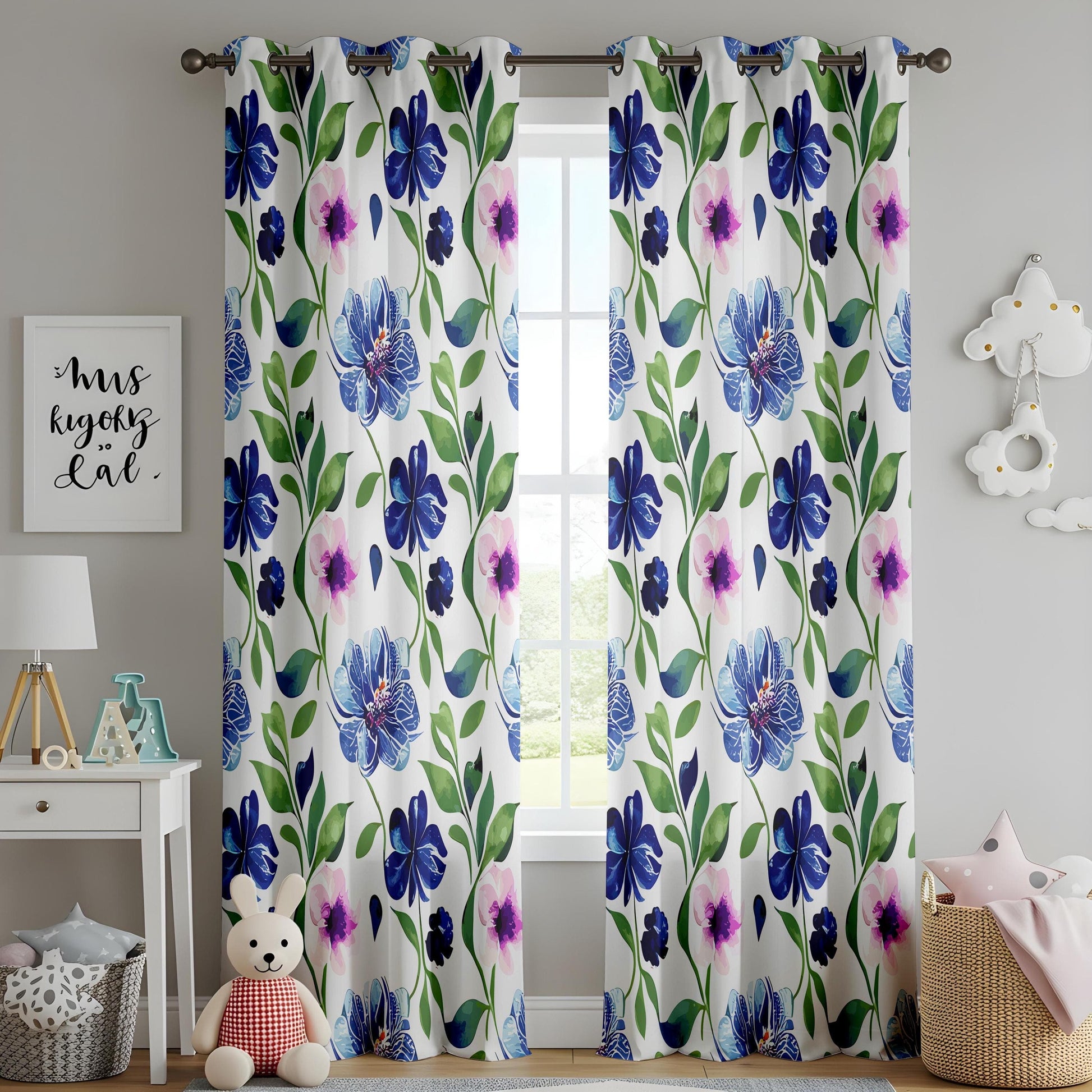 Onay Blue Floral Curtains – Botanical Garden-Inspired Drapes with Pink and Blue Flower Design