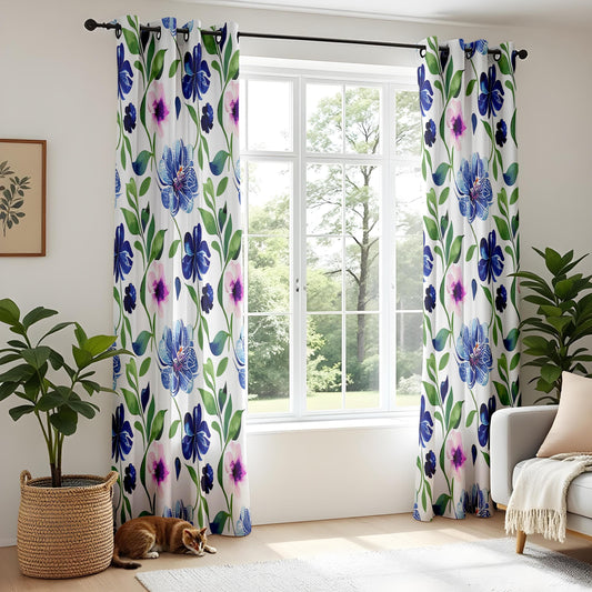 Onay Blue Floral Curtains – Botanical Garden-Inspired Drapes with Pink and Blue Flower Design