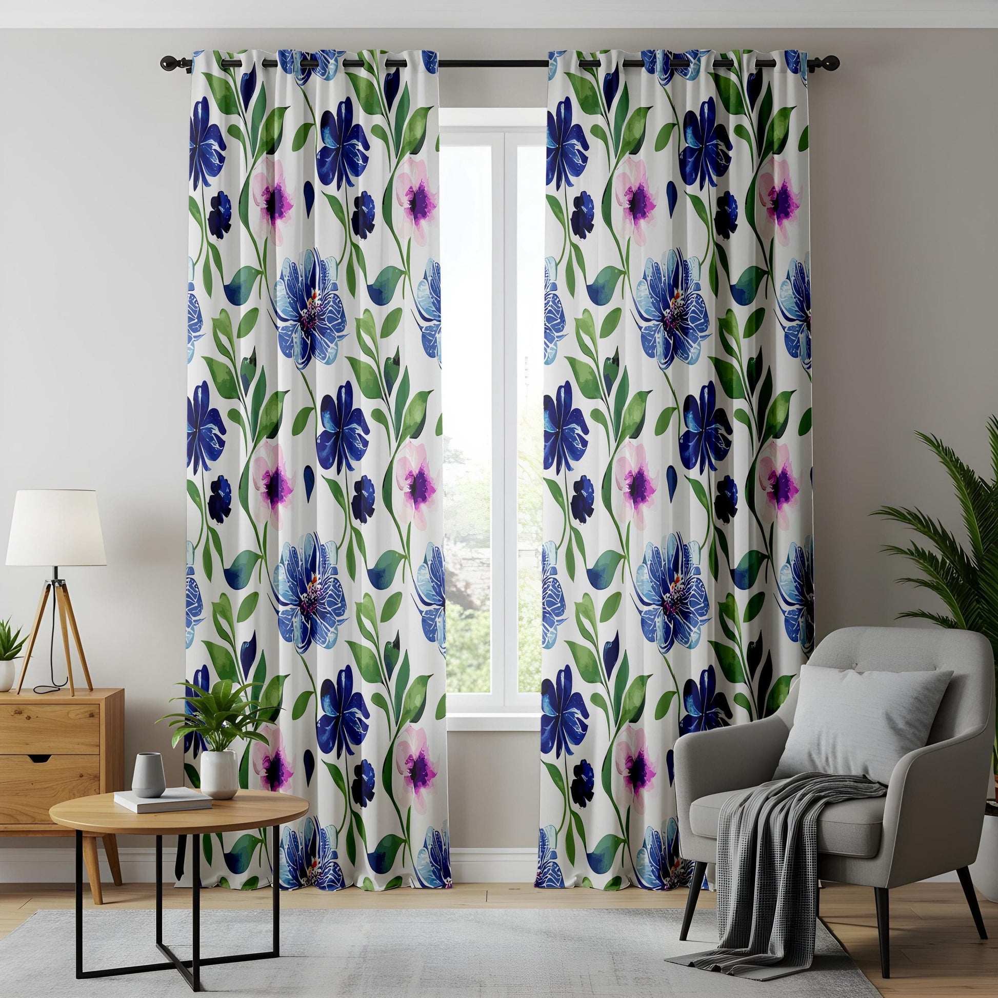 Onay Blue Floral Curtains – Botanical Garden-Inspired Drapes with Pink and Blue Flower Design