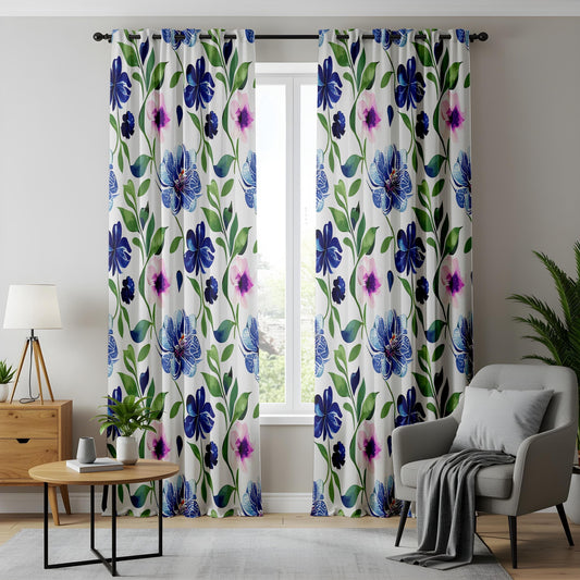 Onay Blue Floral Curtains – Botanical Garden-Inspired Drapes with Pink and Blue Flower Design