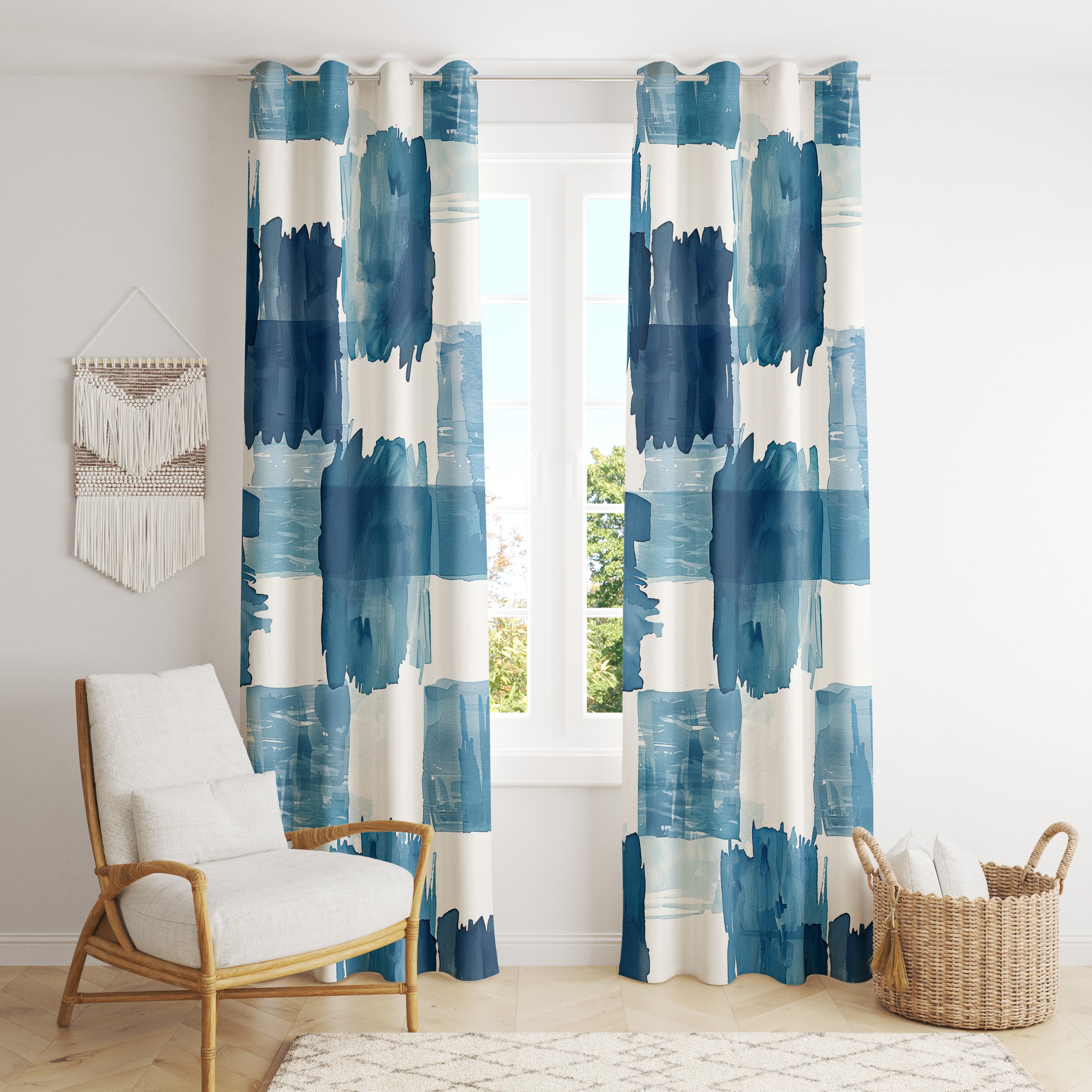 Modern Geometric Printed Curtain / Bedroom Dining Room Living Room Covers Set of 2 Panels - Multidimensional Watercolor buy Polygons Blue