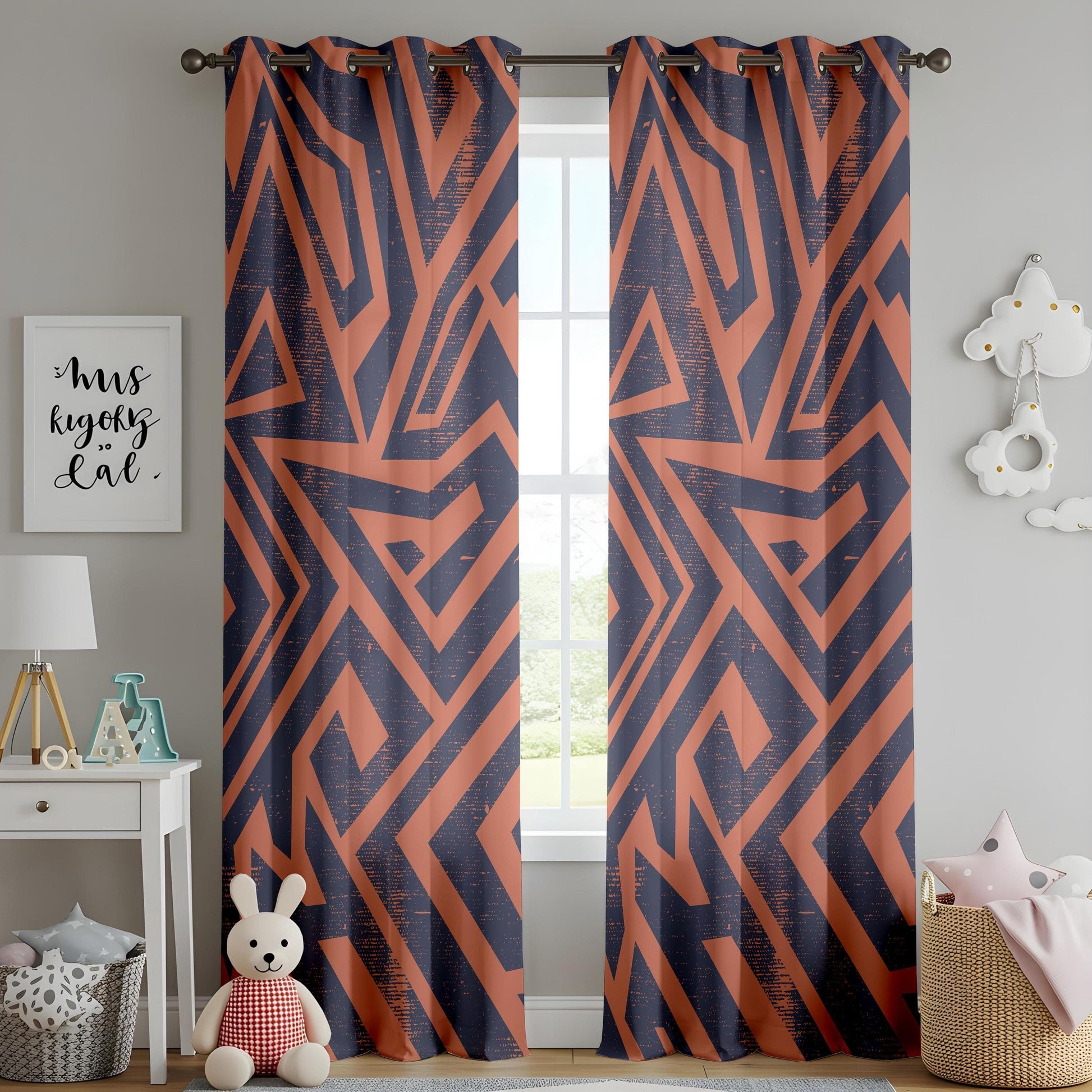Onay Bohemian Tribal Curtains – Navy & Terracotta Geometric Drapes