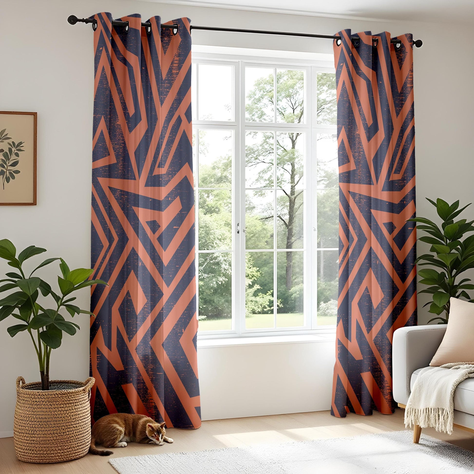 Onay Bohemian Tribal Curtains – Navy & Terracotta Geometric Drapes