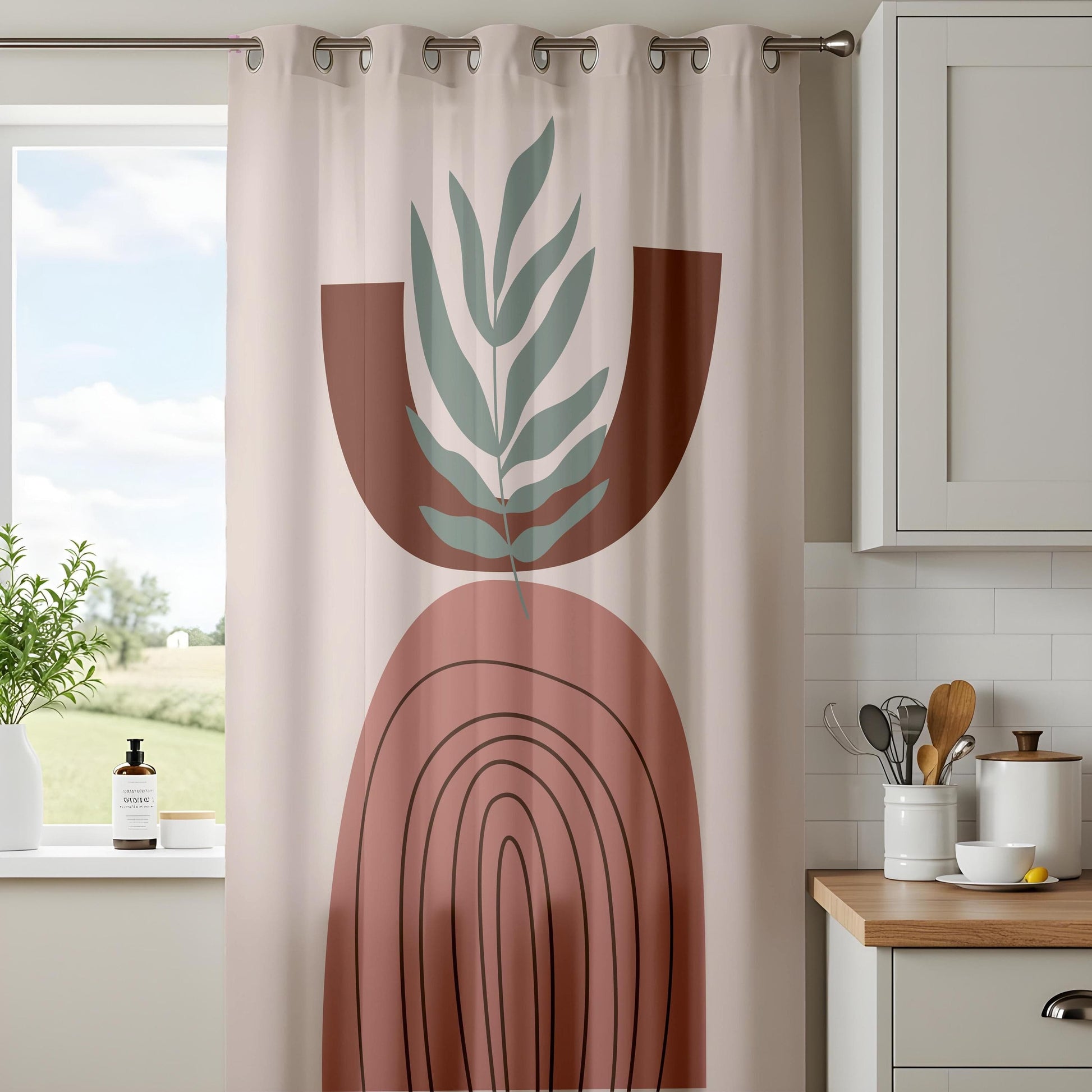 Onay Boho Abstract Arch Curtains – Earth Tone Geometric Drapes with Minimalist Leaf Design