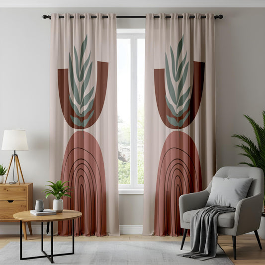 Onay Boho Abstract Arch Curtains – Earth Tone Geometric Drapes with Minimalist Leaf Design