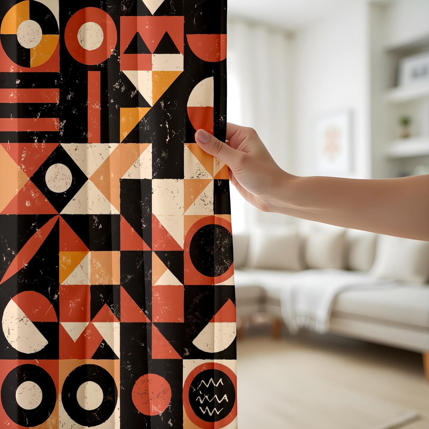 Onay Boho Abstract Drapes in Rust Orange & Black for Vintage Mid-Century Living Room Decor