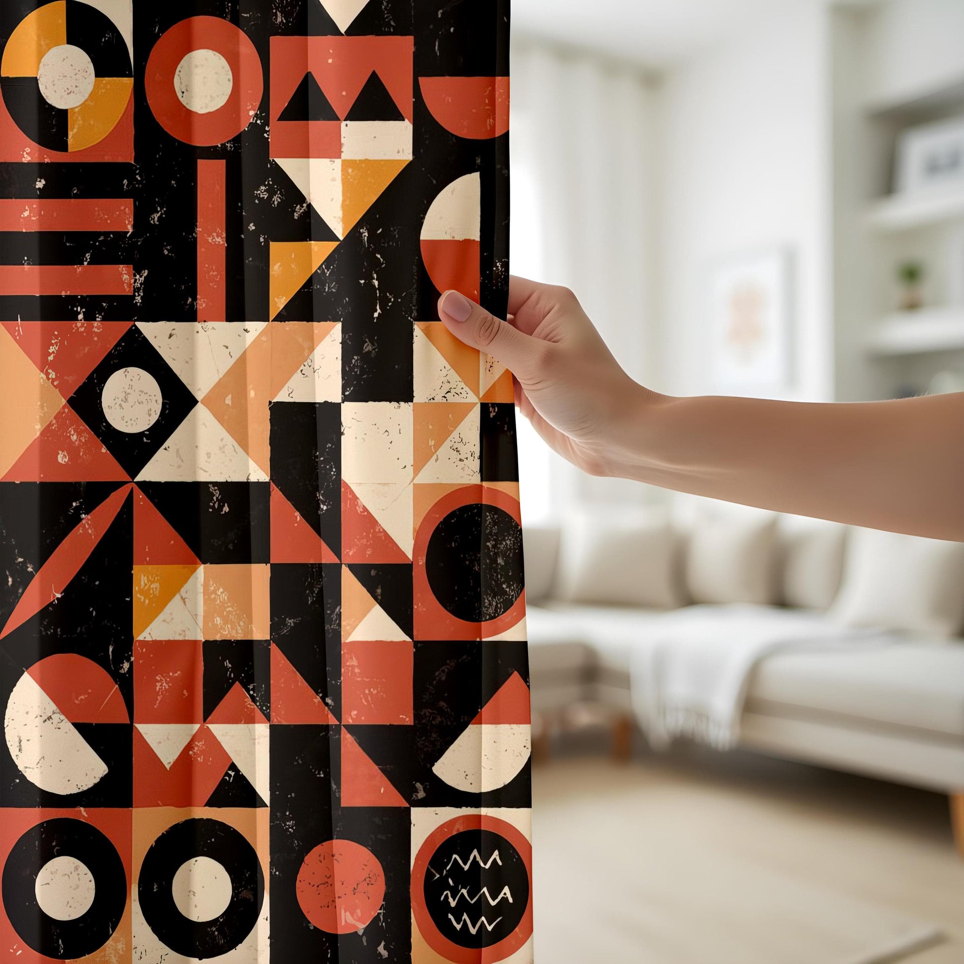 Onay Boho Abstract Drapes in Rust Orange & Black for Vintage Mid-Century Living Room Decor