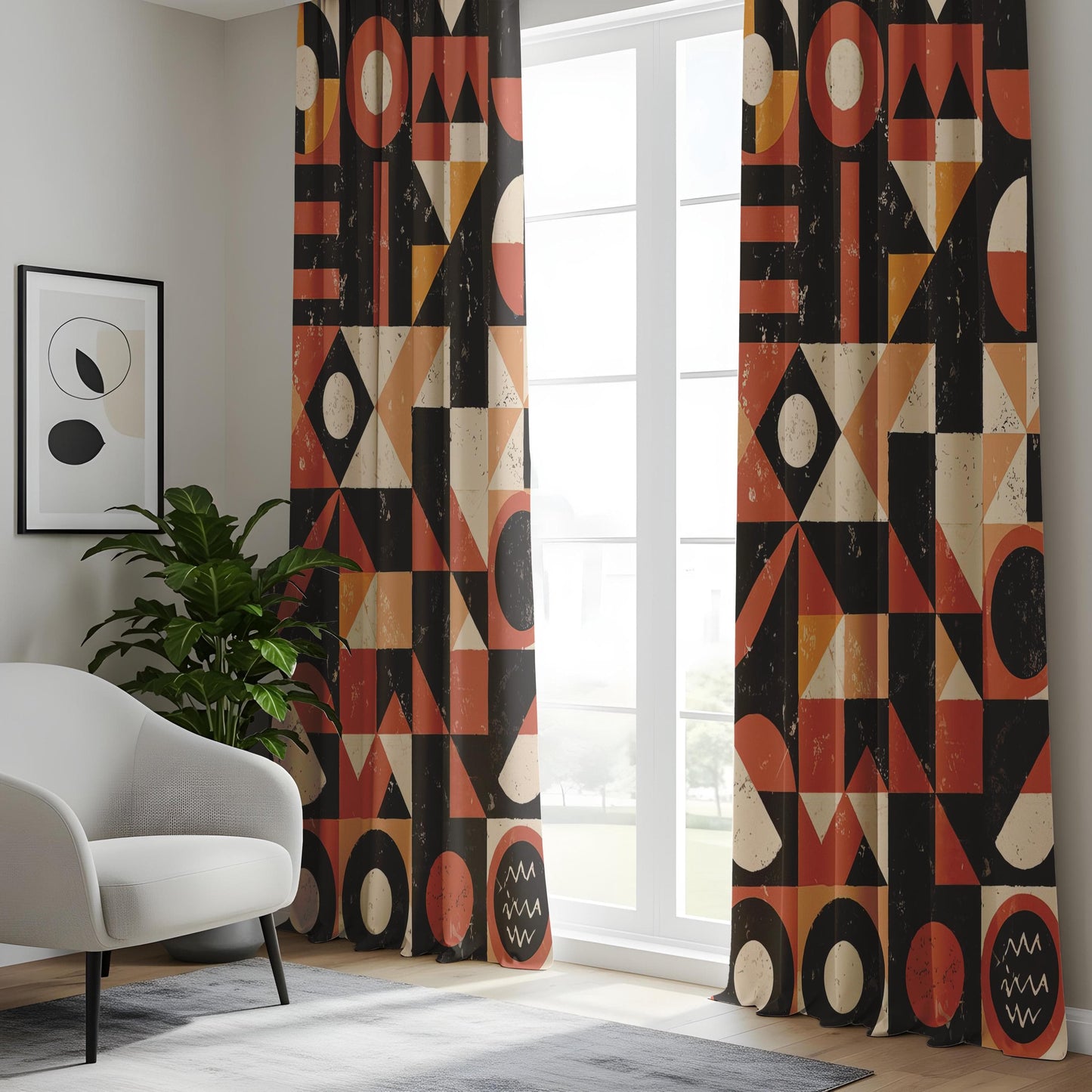 Onay Boho Abstract Drapes in Rust Orange & Black for Vintage Mid-Century Living Room Decor