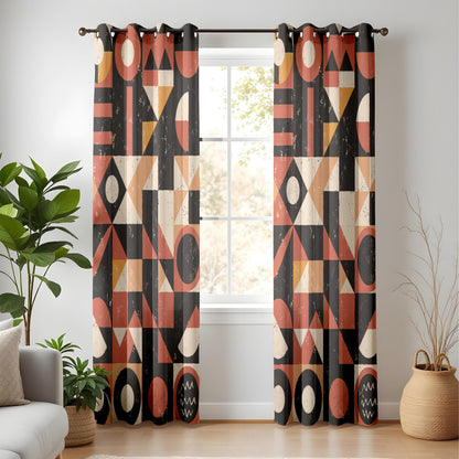 Onay Boho Abstract Drapes in Rust Orange & Black for Vintage Mid-Century Living Room Decor