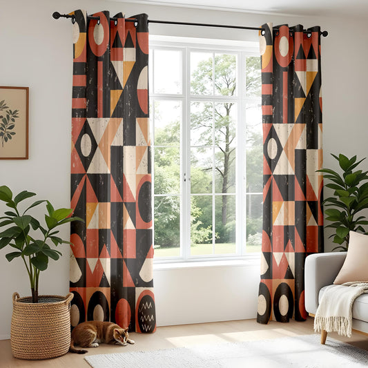 Onay Boho Abstract Drapes in Rust Orange & Black for Vintage Mid-Century Living Room Decor