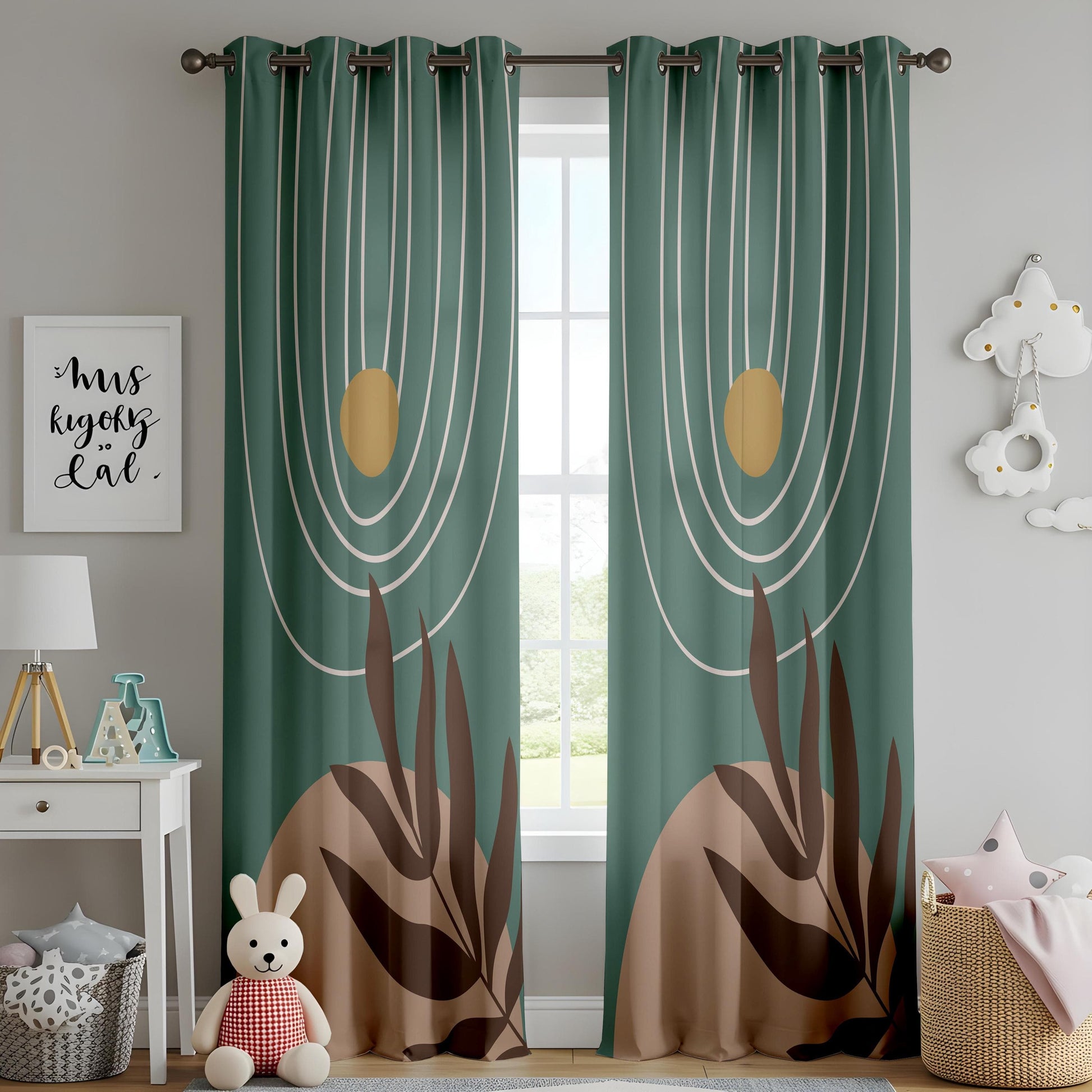 Onay Boho Abstract Leaf Blackout Curtains – Minimalist Green Drapes in Earthy Tones for Nature-Inspired Décor