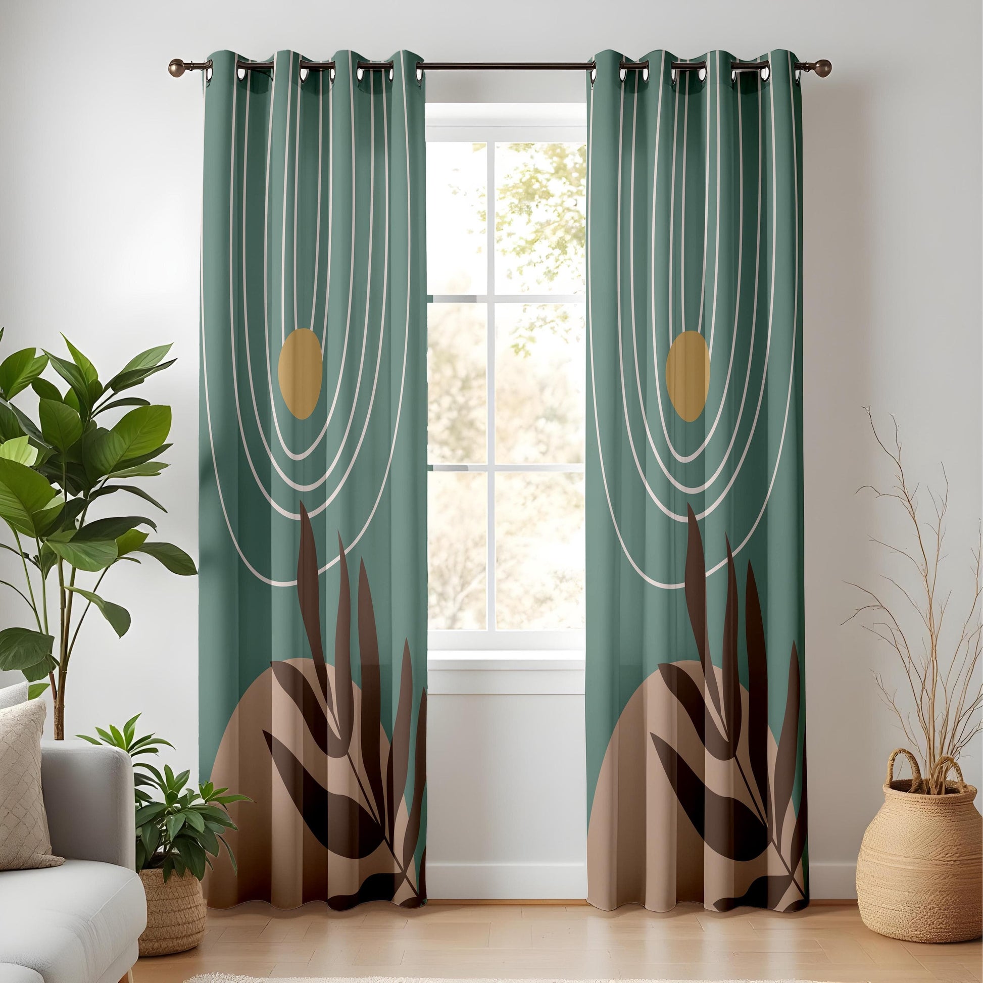 Onay Boho Abstract Leaf Blackout Curtains – Minimalist Green Drapes in Earthy Tones for Nature-Inspired Décor