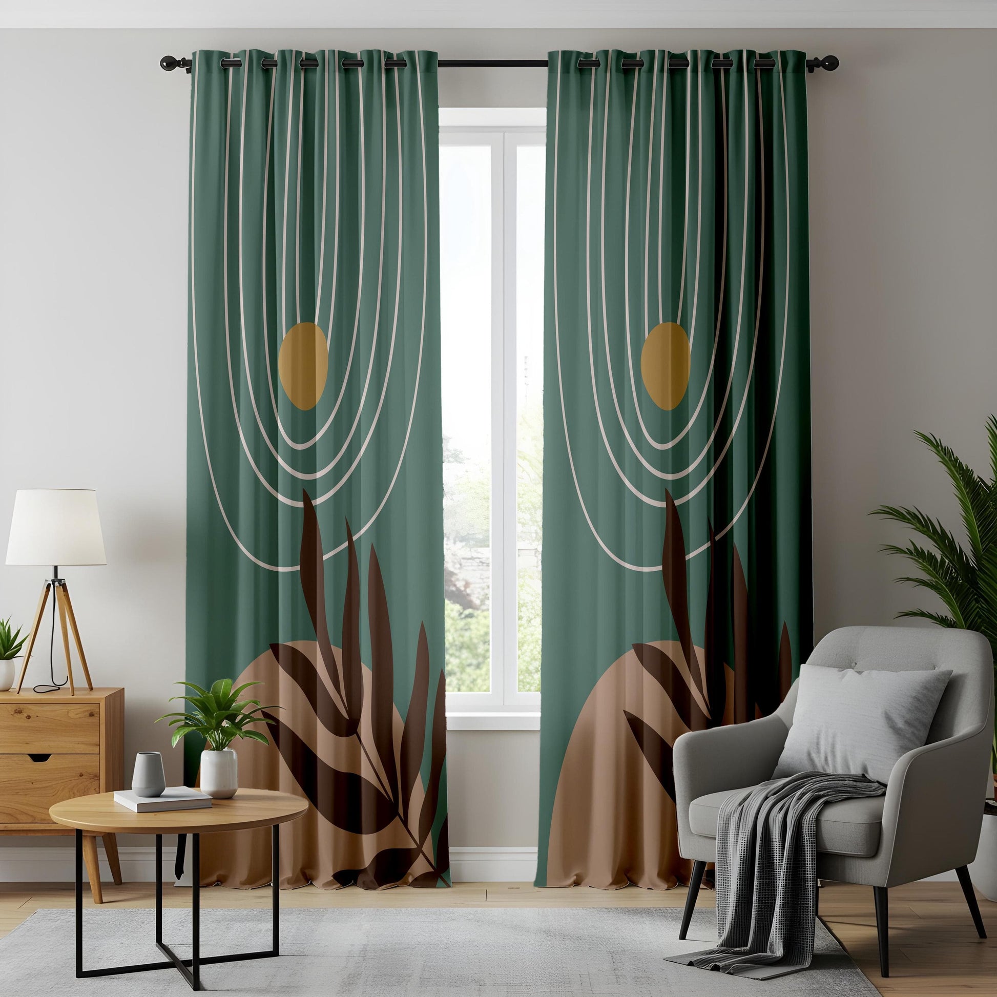Onay Boho Abstract Leaf Blackout Curtains – Minimalist Green Drapes in Earthy Tones for Nature-Inspired Décor