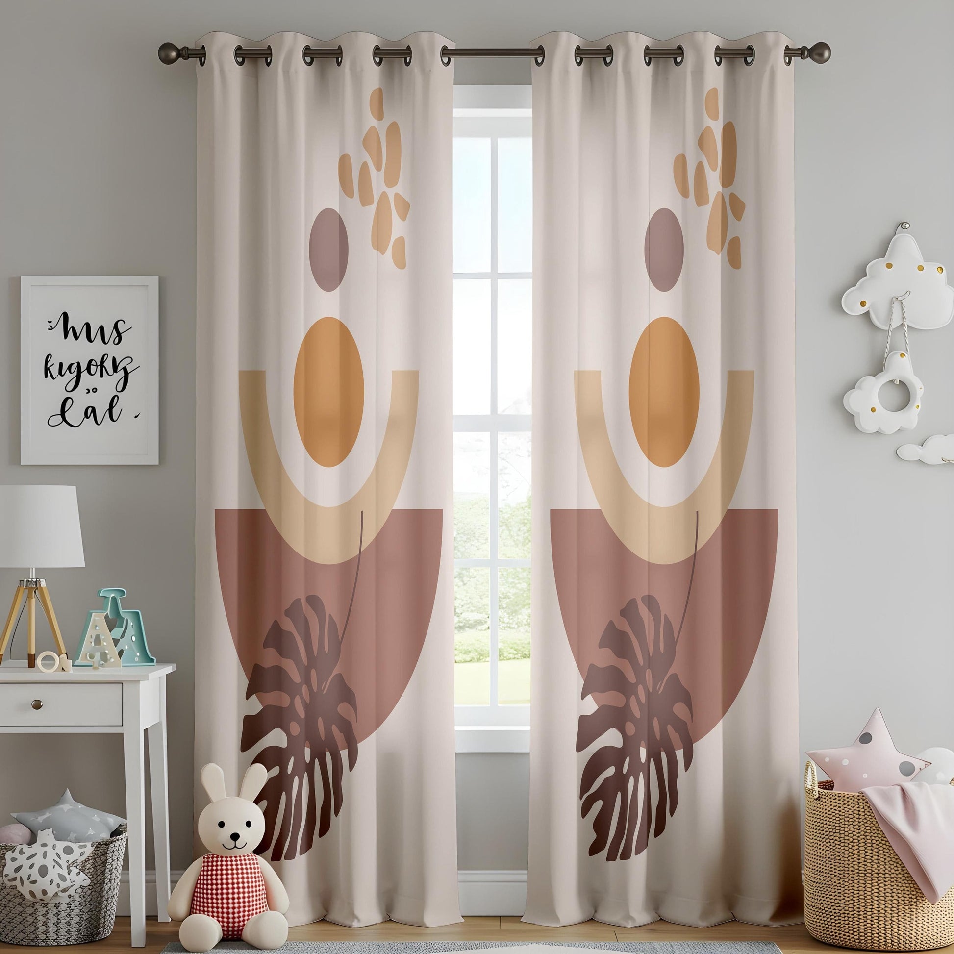Onay Boho Abstract Leaf Curtains – Terracotta and Beige Drapes with Geometric Plant Print