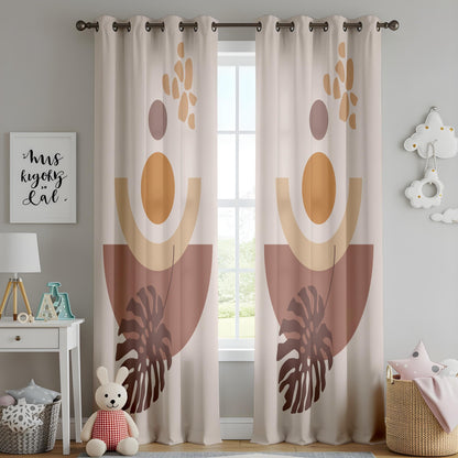 Onay Boho Abstract Leaf Curtains – Terracotta and Beige Drapes with Geometric Plant Print