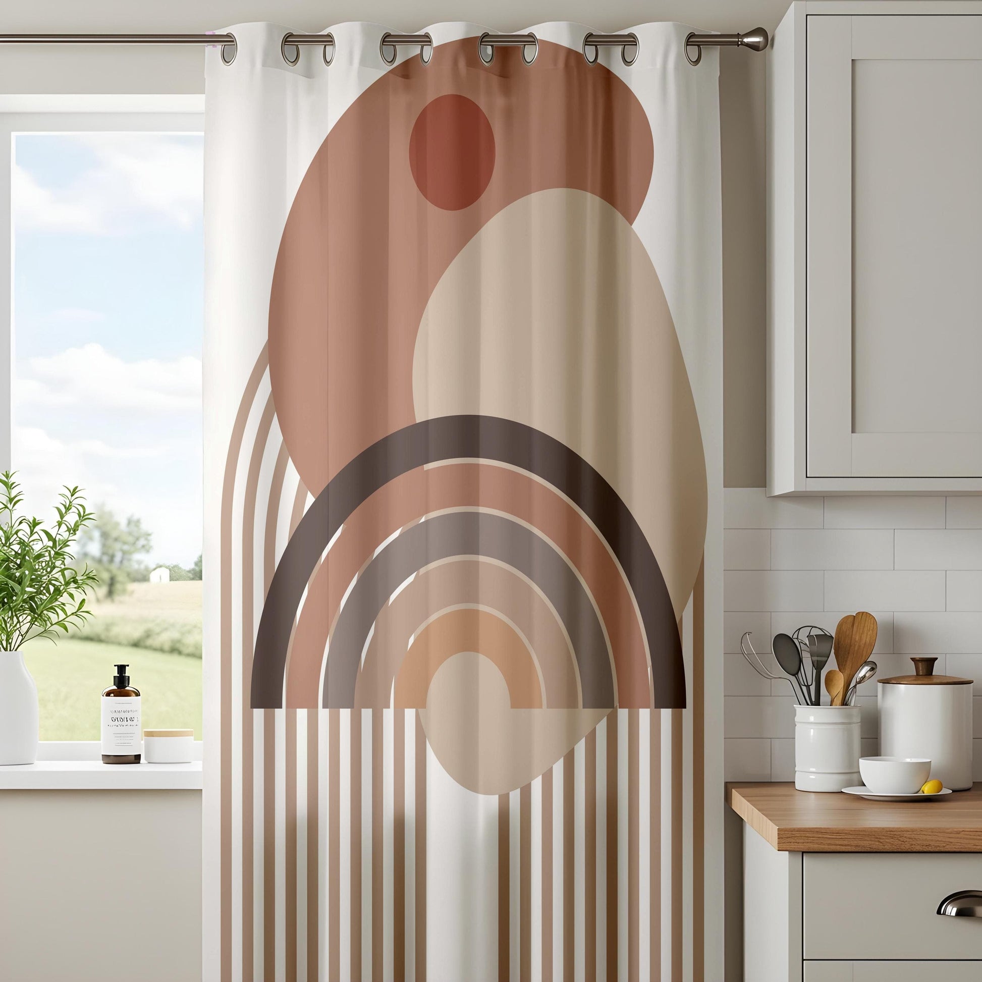Onay Boho Geometric Abstract Curtains – Earth Tone Rainbow Drapes for Modern Scandinavian Décor