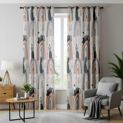 Onay Boho Rainbow Cat Print Nursery Curtains, Minimalist Animal Kids Window Drapes