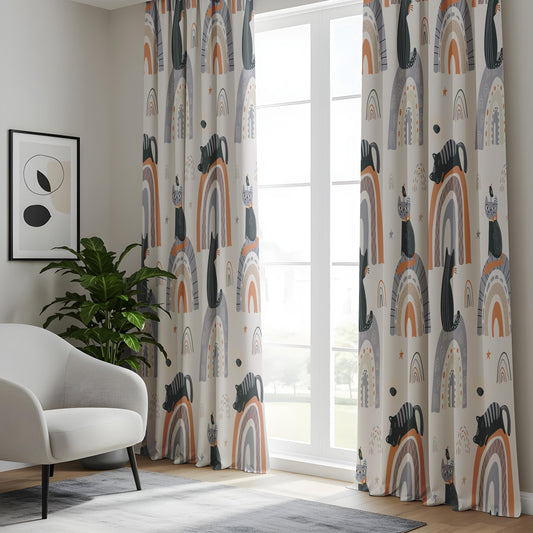 Onay Boho Rainbow Cat Print Nursery Curtains, Minimalist Animal Kids Window Drapes