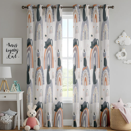 Onay Boho Rainbow Cat Print Nursery Curtains, Minimalist Animal Kids Window Drapes