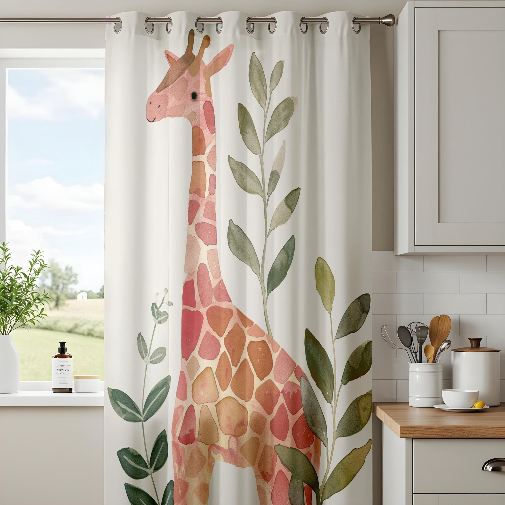 Onay Boho Safari Giraffe Curtains, Soft Watercolor Animal Print Drapes
