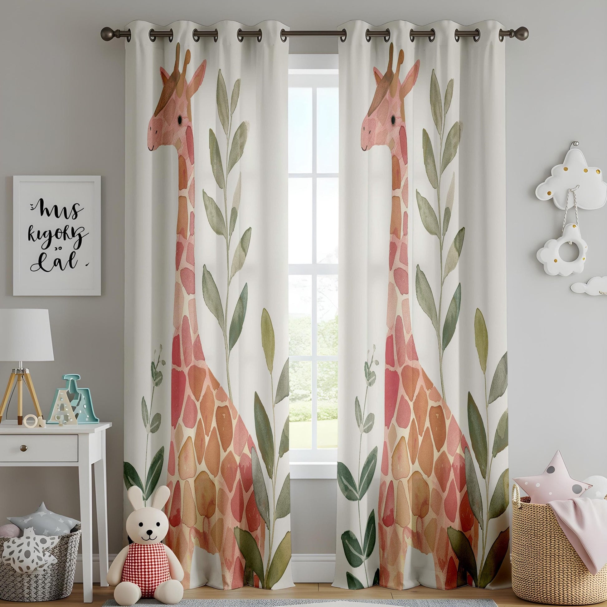 Onay Boho Safari Giraffe Curtains, Soft Watercolor Animal Print Drapes