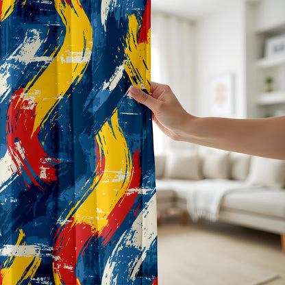 Onay Bold Abstract Brushstroke Curtains – Vibrant Red, Yellow & Blue Artistic Drapes