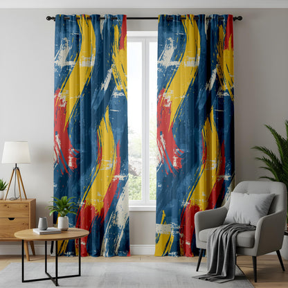 Onay Bold Abstract Brushstroke Curtains – Vibrant Red, Yellow & Blue Artistic Drapes