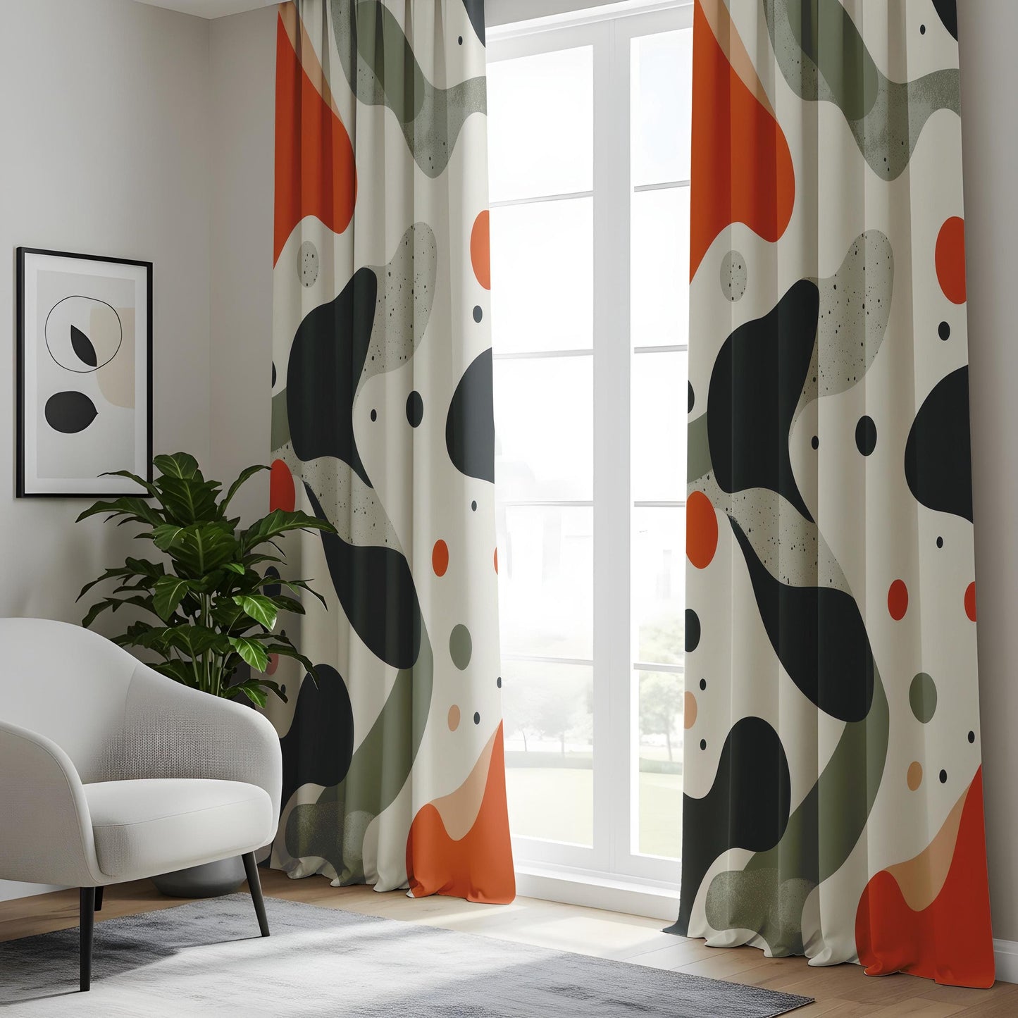 Onay Bold Abstract Living Room Curtains, Orange Black Organic Panels