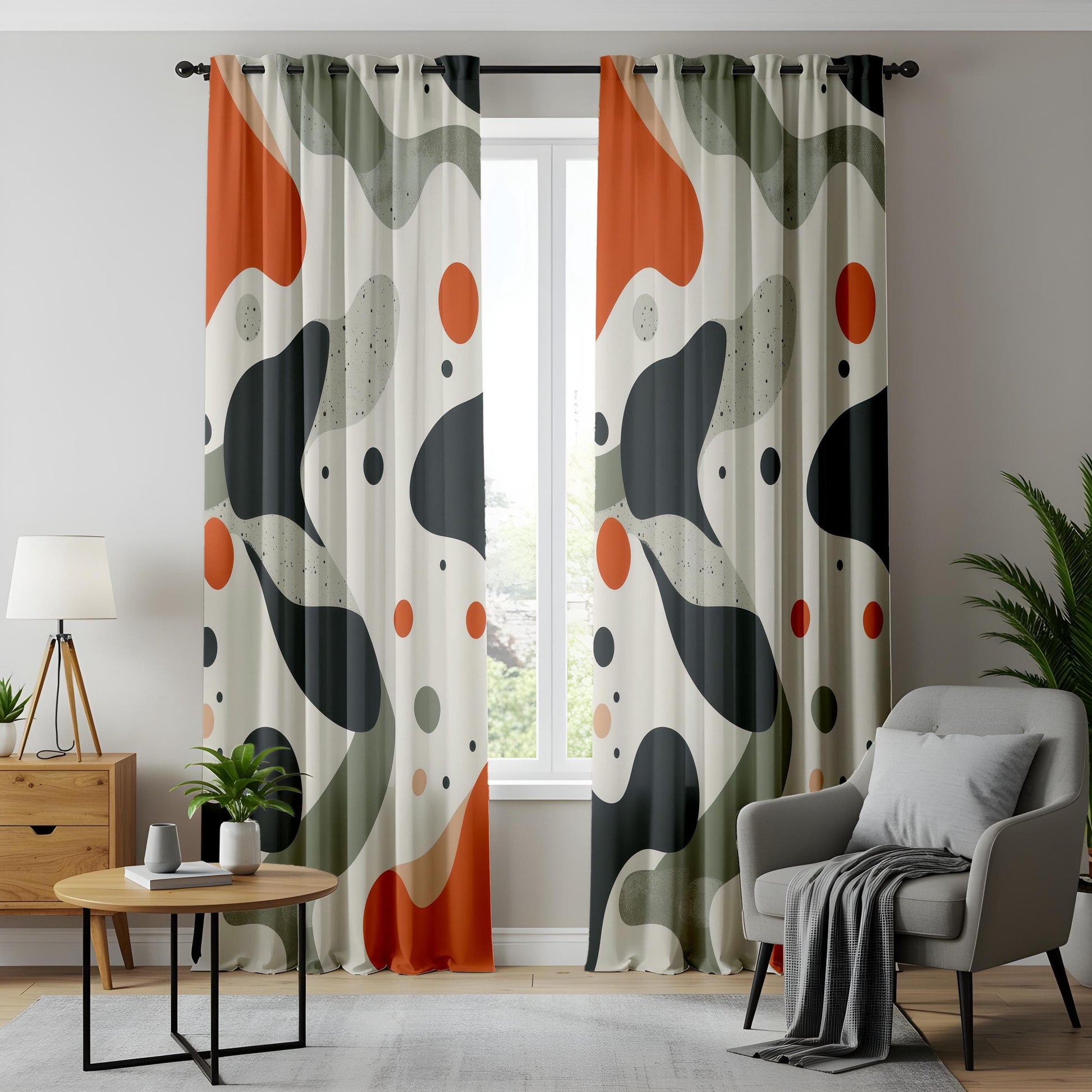Onay Bold Abstract Living Room Curtains, Orange Black Organic Panels