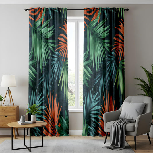 Onay Bold Botanical Window Curtains, Palm Leaves, Rich Jungle Theme Drapes