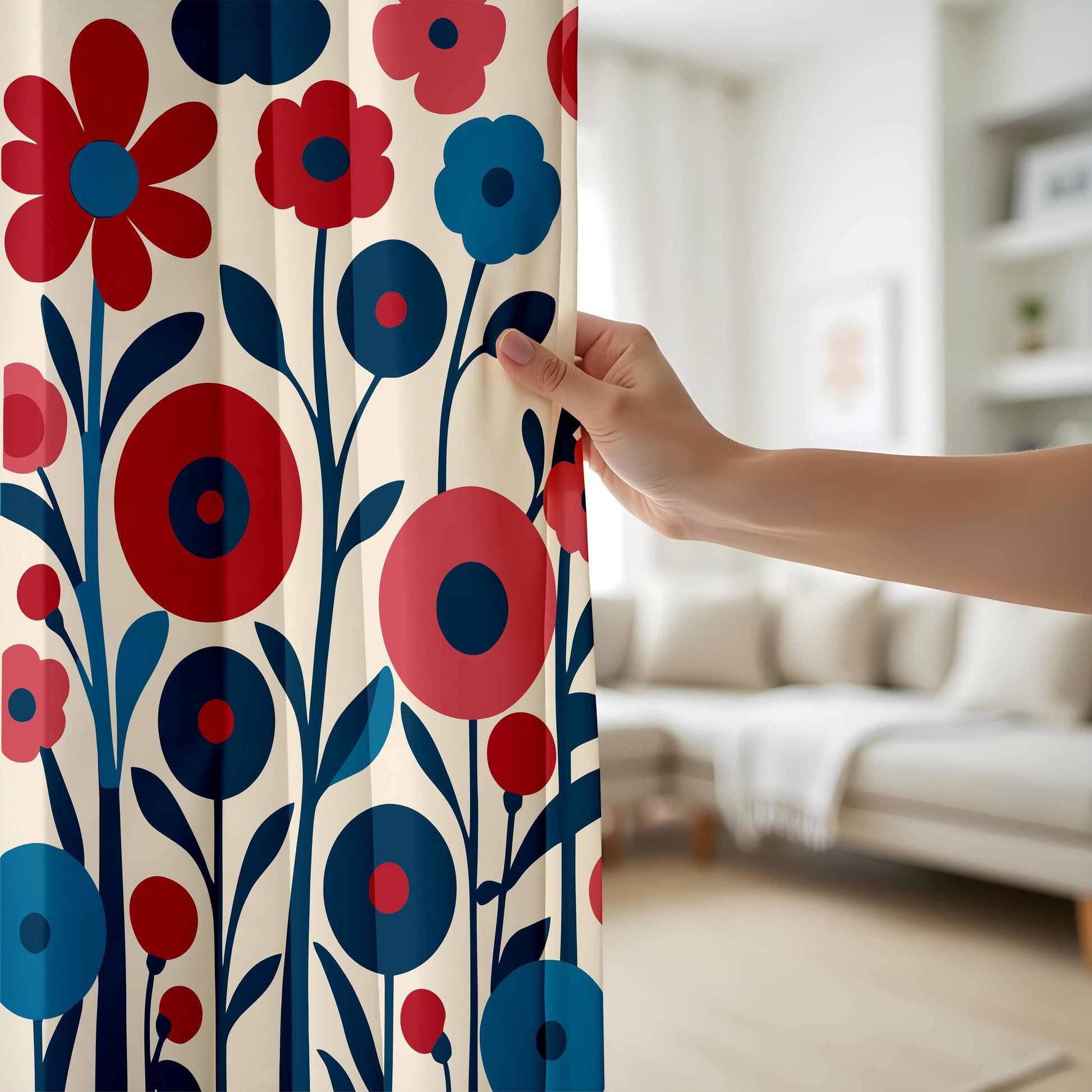 Onay Bold Floral Curtains, Stylized Flower Patterns in Red and Blue