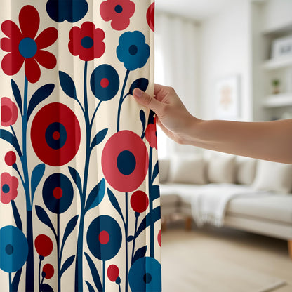 Onay Bold Floral Curtains, Stylized Flower Patterns in Red and Blue