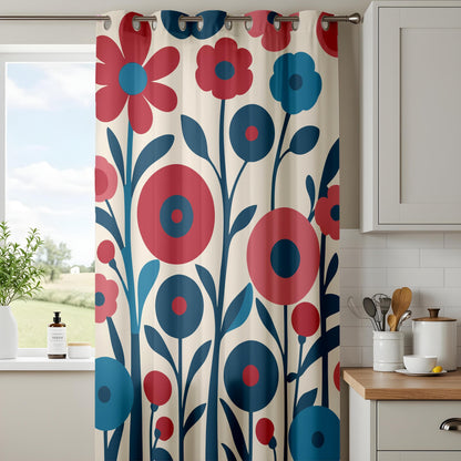 Onay Bold Floral Curtains, Stylized Flower Patterns in Red and Blue