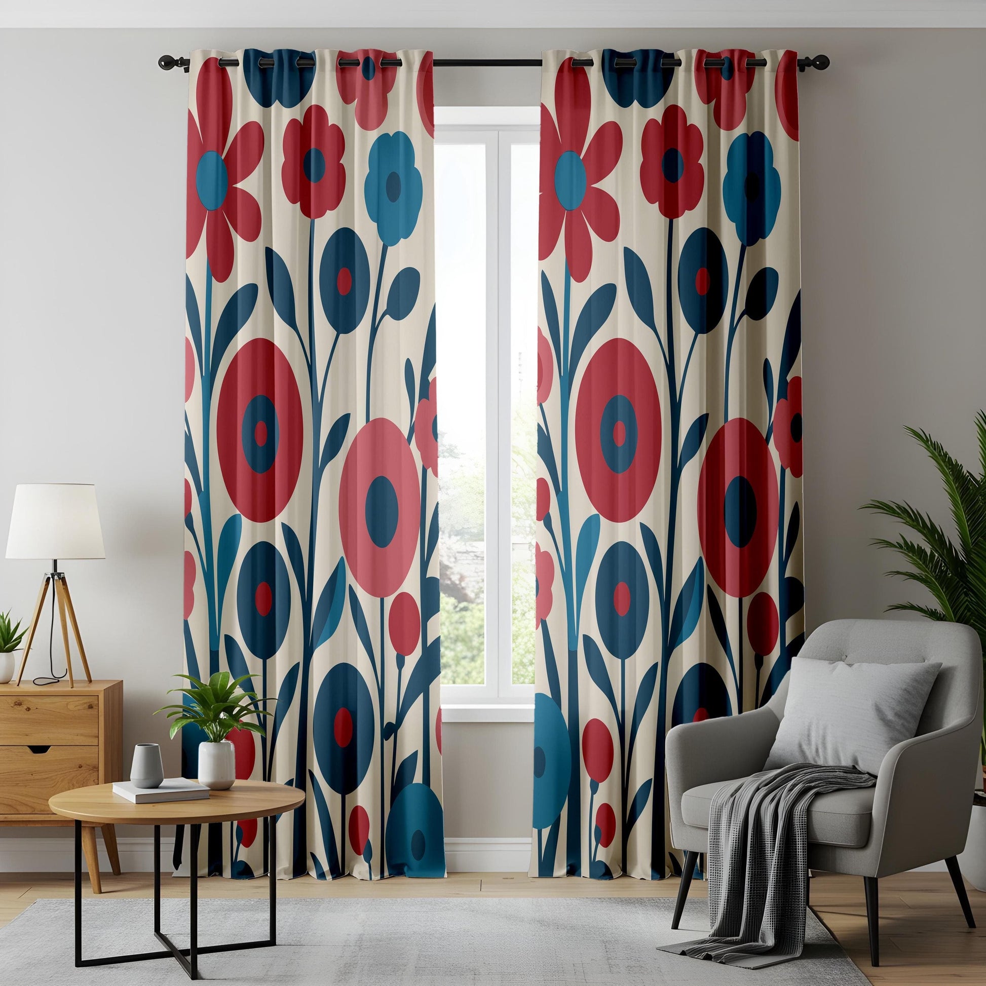 Onay Bold Floral Curtains, Stylized Flower Patterns in Red and Blue