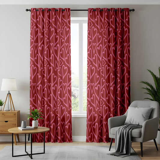 Onay Bold Heart Print Curtains, Red & Pink Love Theme Drapes, Modern Romantic Decor