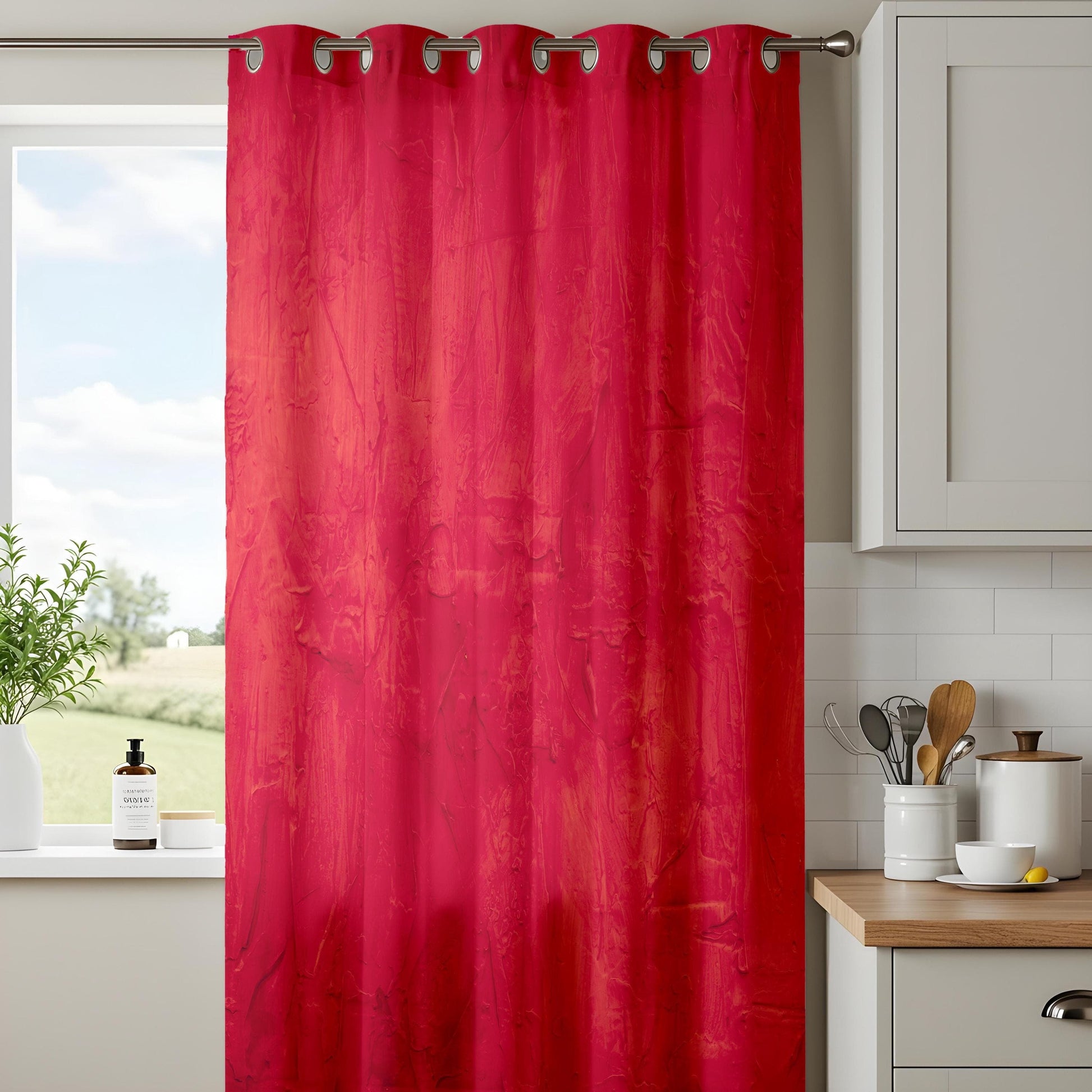 Onay Bold Red Textured Curtains, Modern Abstract Window Drapes, Vibrant Home Decor